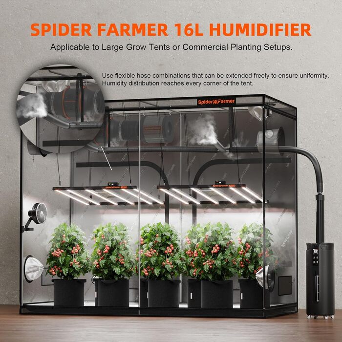 Зволожувач повітря Spider Farmer 450 мл/год з подвійною форсункою для рослин у гроубоксах та теплицях. Підходить для вирощування рослин в приміщенні, створює прохолодний туман. Об'єм резервуару: 16 л.