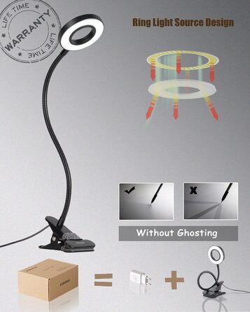 LED приліжкова лампа з кліпсою для ліжка, спальні, офісу, димується, 3 режими + 10 рівнів яскравості, гнучка, 8W, срібляста (чорна)