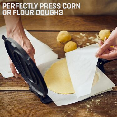 Cast Iron Tortilla Press - Taco & Roti Maker with 100 Sheets of Baking Paper - 8 Inch Kitchen Gadget for Tortillas, Roti, Tawa, Dosa & Dumplings