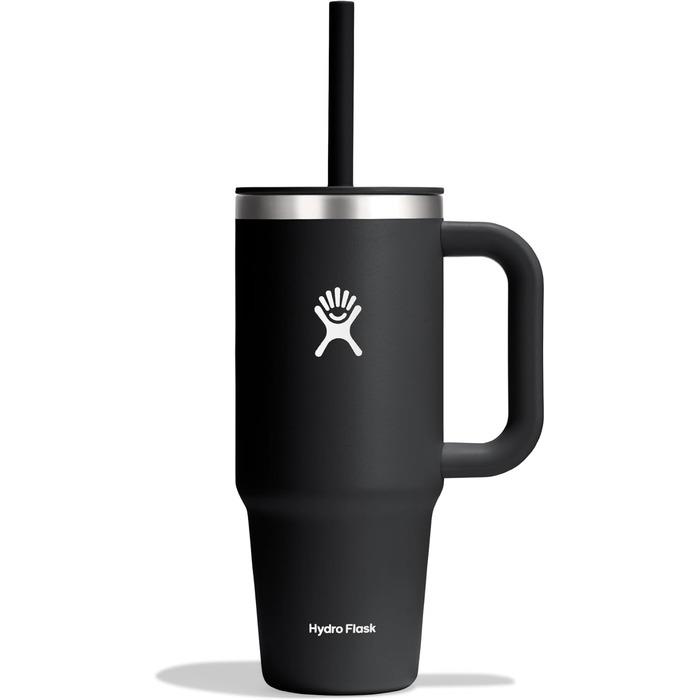 HYDRO FLASK - Travel Tumbler 709ml (24oz) with a Press-In Straw Lid - Stainless Steel - Double-Wall Vacuum Insulation - Splash-Proof Lid - Black