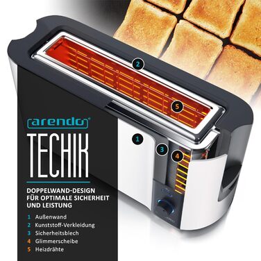 Тостер Arendo з 2 слотами, білий матовий, 1000W, з підігрівом для булок, 6 рівнів підсмажування, дисплей, функція розморожування, нержавіюча сталь