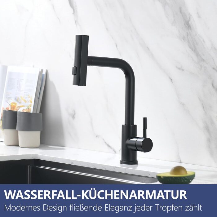 Кухонний змішувач AIMADI висувний, чорний, з 3-сторонньою душовою насадкою, 38 см шланг, однорідний міксер для холодної та гарячої води, для раковини та кухонного острова, водоспад, чорний