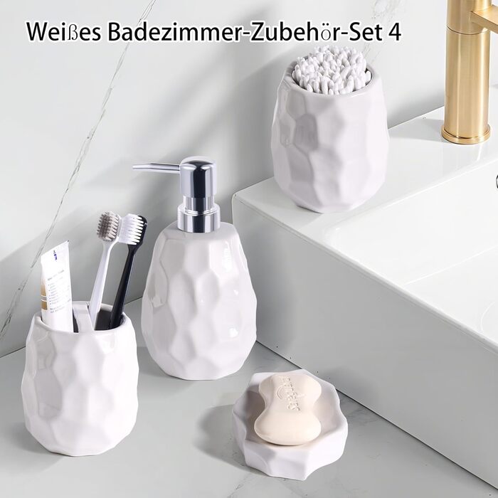 Набір аксесуарів для ванної кімнати, 4 шт: диспенсер для мила, мильниця, тримач для зубних щіток, стаканчик для зубних щіток, органайзер для ванної кімнати, сучасний дизайн (білий)