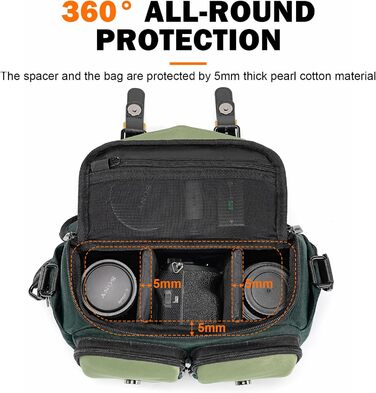 Сумка для фотоапарата Cwatcun: компактна водонепроникна сумка-месенджер для DSLR/SLR/бездзеркальної камери та об'єктивів, з тримачем для штатива (Зелений, M)