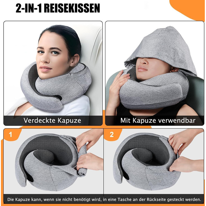 Подушка для шиї з великою капюшоном, Memory Foam, для подорожей, літаків та офісу