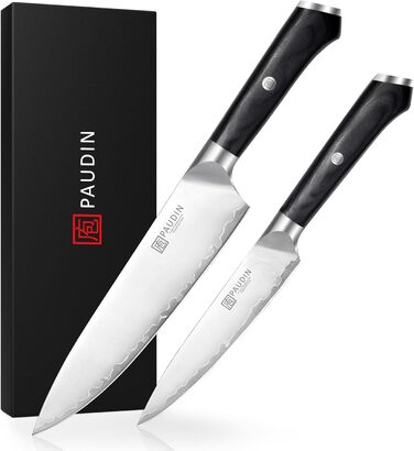 Набір кухонних ножів PAUDIN: кухонний ніж, сантоку, універсальний, овочевий - професійні, гострі, з нержавіючої сталі 10Cr15CoMoV (62 HRC), з ергономічною дерев'яною ручкою (2 ножі)