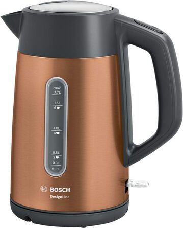 Електричний чайник Bosch DesignLine TWK4P439 з мідною обробкою: без розбризкування, індикатор рівня води, захист від перегріву, 1.7 л, 2400 Вт