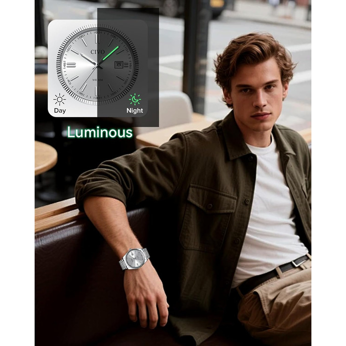 Чоловічий годинник CIVO з нержавіючої сталі: аналоговий бізнес-годинник з датою, що світиться, водонепроникний для роботи та відпочинку, стильний подарунок для чоловіків (сріблястий)