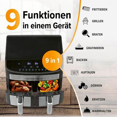 Аерофритюрниця GOURMETmaxx з двома камерами 2×3,5 л, нержавіюча сталь, 2400 Вт, сенсорний дисплей, таймер, 10 програм, енергоощадна, чорна