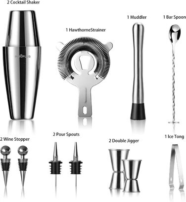 Набір для приготування коктейлів, професійний шейкер Boston, 12 предметів, нержавіюча сталь