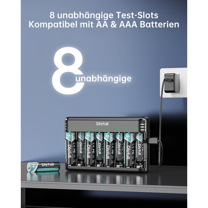 Зарядний пристрій Dlyfull для акумуляторів AAA/AA, 8-канальний зарядний пристрій з LED-дисплеєм, 5V/2A USB-C, для NI-MH/NI-CD, чорний