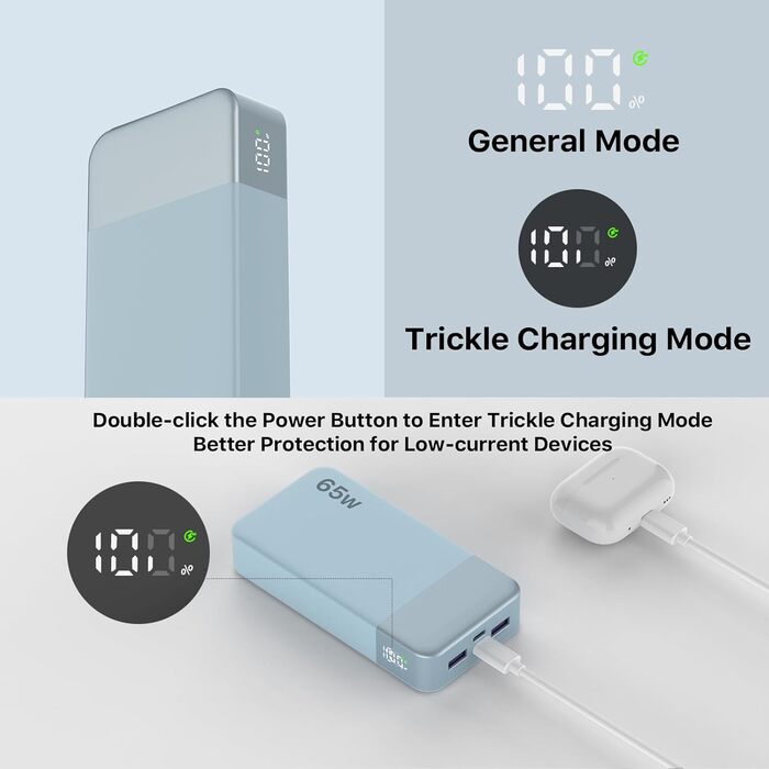 Powerbank NOBIS 20000mAh, 65W, з цифровим дисплеєм, Dual USB-C/USB-A, для ноутбука, телефону, планшета, зелений/блакитний