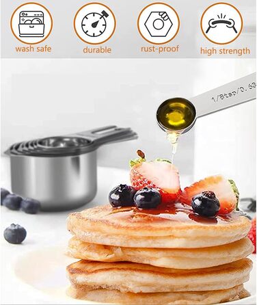 Measuring cup and spoon set, 7 stainless steel measuring cups and 6 stainless steel measuring spoons, kitchen aids for cooking and baking