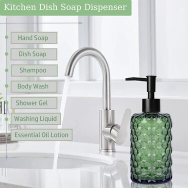 Скляний дозатор для мила 500 мл з хвильовим дизайном для ванної кімнати та кухні, з чорною пластиковою помпою, дерев'яними етикетками та воронкою (вугільний колір, зелений)
