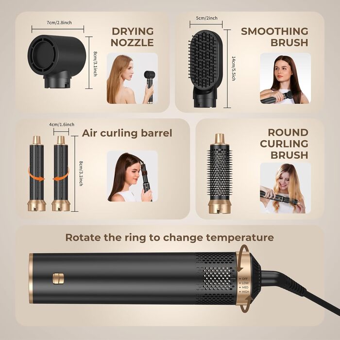 UKLISS Hairstyler 6 в 1: Airbrush, круглі щітки, фен, керлер, випрямляч | Професійний набір для волосся | 1000W | Для всіх типів волосся | Срібно-золотий (Чорний (5 в 1))