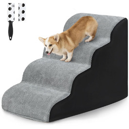 LIANTRAL Dog Stairs, 3 Steps Dog Stairs for Bed and Sofa made of High-Density Sponge, Cat Stairs Dog Ramp with Removable, Washable Cover and Pet Hair Remover Roller, 40 cm High (4 Steps Grey & Black)