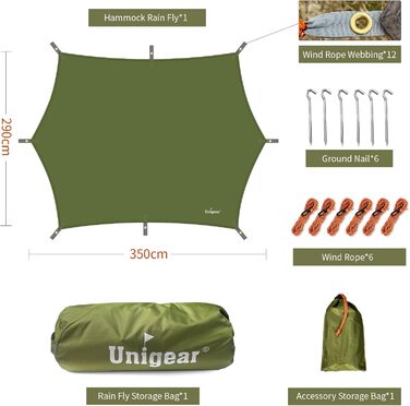 Водонепроникний намет-тент Unigear / 450x420 см шестикутний з люверсами + 6 алюмінієвих кілків + 6 мотузок, покривало для гамака, захист від дощу та сонця для кемпінгу, пікніка, фестивалю (зелений, 350x290 см)
