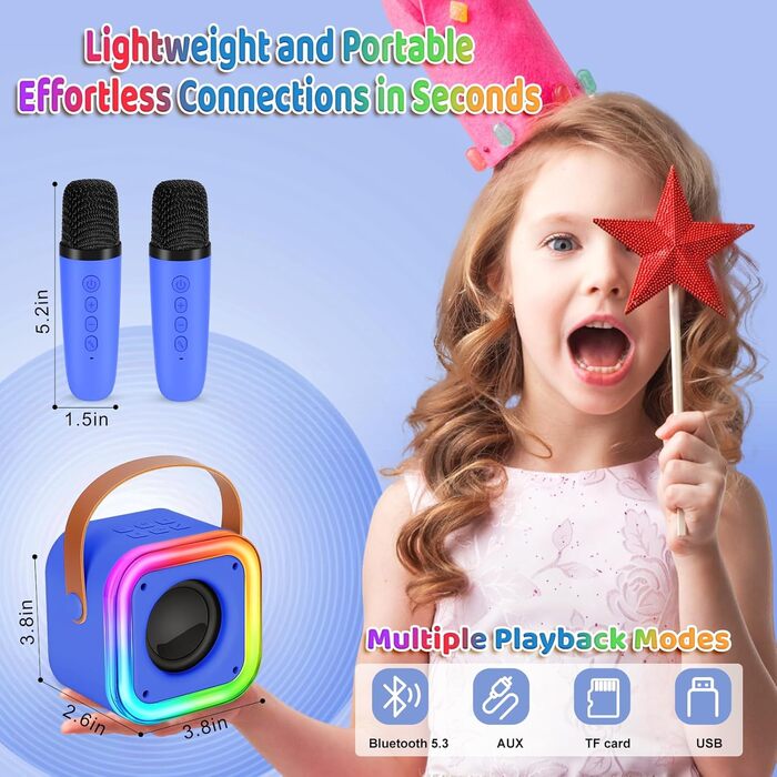 Караоке машина Spinosaurus для дітей з 2 мікрофонами, Bluetooth, LED-підсвічуванням. Ідеально для подарунків, свят та дня народження (темно-синій)