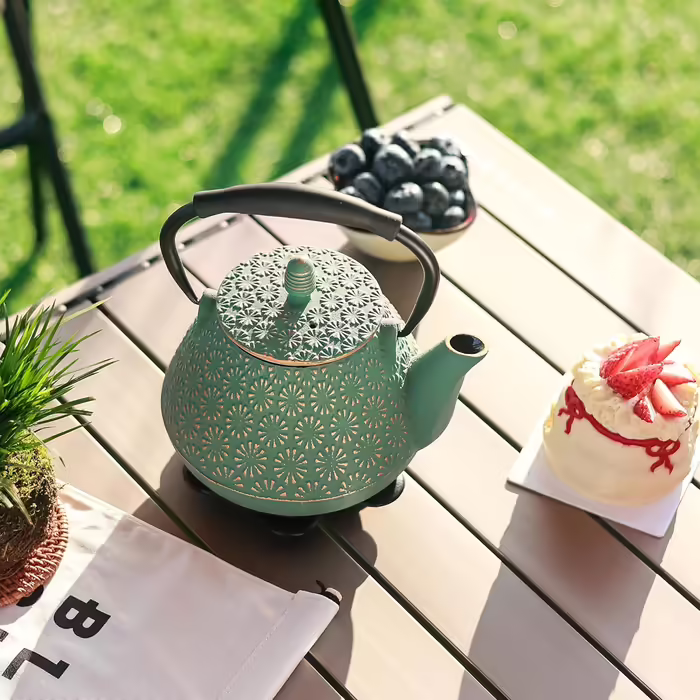 Cast Iron Teapot, 950ml Japanese Cherry Blossom Pattern Teakettle, Stovetop Safe, Infuser for Loose Tea & Coffee, Silicone Handle, Enamelled Interior, 32oz Blue (Light Green)