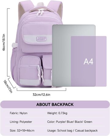 Рюкзак для підлітка, шкільний рюкзак для дівчинки з багатьма відділеннями, для учнів 3-5 класів, середньої та старшої школи, нейлоновий рюкзак для подорожей та відпочинку (фіолетовий)