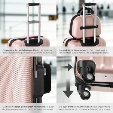 Набір валіз Tectake 4 шт. з відстібними колесами 360°, валізи з жорсткою оболонкою та TSA замком, велика валіза з роздільником, ручна валіза, телескопічна ручка - шампань (рожеве золото)