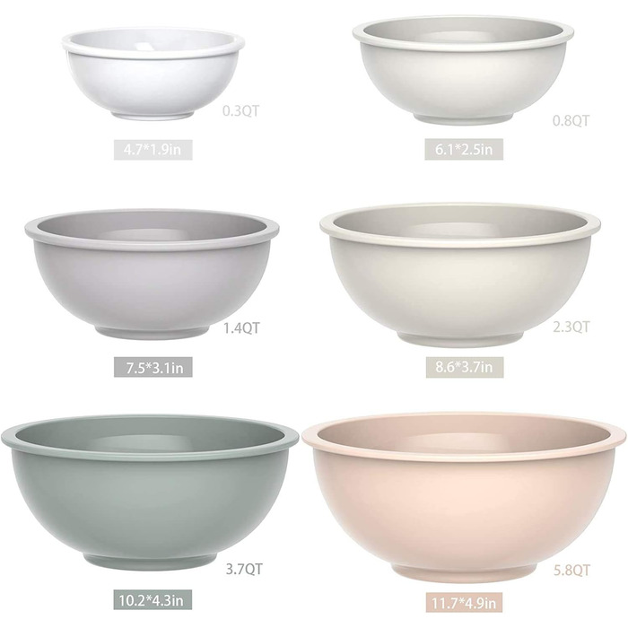 Mixing Bowl Set of 6, Plastic Cereal Bowl with Lid, Bowl with Lid, Includes 2 Forks & 4 Measuring Spoons, BPA-Free & Stackable, Ideal for Mixing and Serving (Khaki, 18)