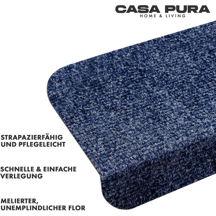 Casa Pura Stair Treads - 15 Piece Non-Slip Carpet Set for Indoor Stairs - Blue, Half-Round Design