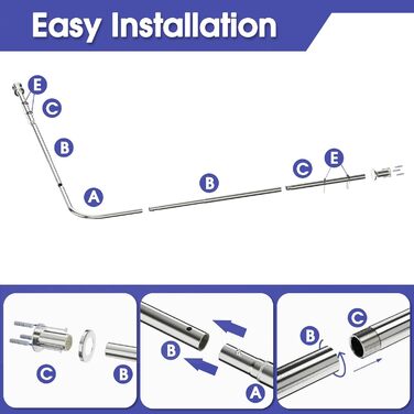 Регульована штанга для душу L-Form, нержавіюча сталь, 68–96 см × 68–96 см, водовідштовхувальна, з 12 кільцями, комплект гвинтів, 90 градусів