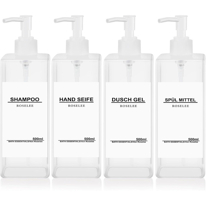 Набір дозаторів для мила Roselee (4 шт.), 500 мл, прозорі, для кухні та ванної кімнати