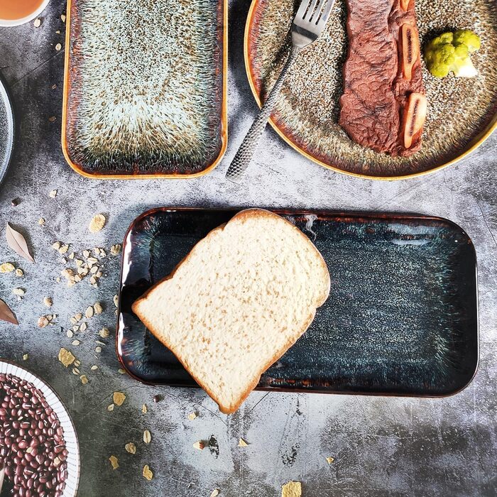 Набір керамічних тарілок YA JU (4 шт.) для основних страв, стейків, пасти, ризотто та закусок. Мікрохвильова піч, духовка, мийка посуду, стійкість до подряпин. Чорний прямокутний посуд