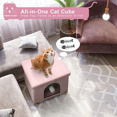 BRIAN & DANY Foldable Cat Cave Large Cat, Cat House Cave for Cats with Scratch Board and Play Ball, Storage Ottoman Seat Stool Footstool with Wooden Feet 37.5 x 32.5 x 36 cm, (Pink)