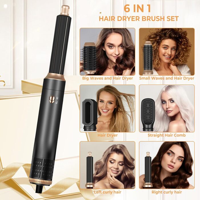 6-в-1 Стайлер для волосся 1000W з насадками: фен, плойка для локонів, об'єм та випрямлення. Чорно-золотий