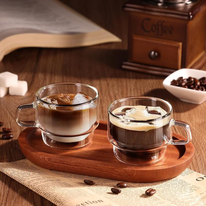 Glastal Stackable Glasses 120ml Espresso Glasses Double-Walled Espresso Cups Glass 4-Piece Set, Double-Walled Coffee Glasses Tea Glasses Espresso Cups Set for Tea, Milk, Gift for Women Men