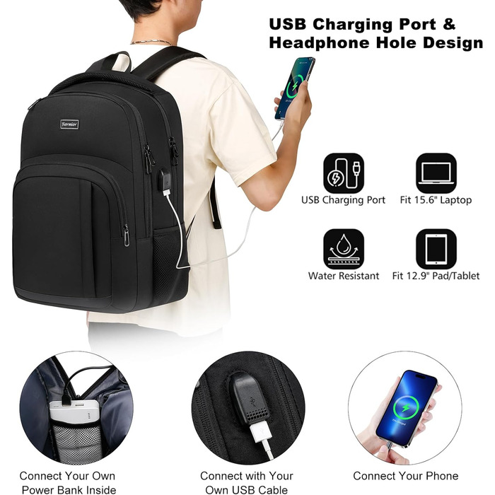 Рюкзак YIORMIOR для підлітків, чоловіків та жінок, 35L, USB-порт, для ноутбука 15.6-17.3 дюйма (Чорний)