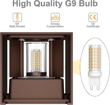 LED-стінні світильники Klighten 2 шт. з змінною G9 лампою, тепле біле світло 3000K, алюміній, для внутрішнього та зовнішнього використання, регульований кут променя, освітлення для вітальні, саду, антрацит (бронза)