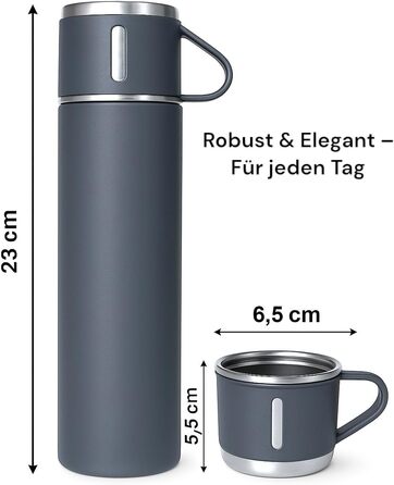 Термофляга 500 мл з нержавіючої сталі – 2 чашки з ручкою – не протікає, BPA-free – з щіткою для чищення – сірий колір