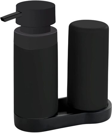 WENKO Easy Squeez-e Dish Station Black, a combination of a refillable dish soap and hand soap dispenser, ideal for bathrooms, kitchens, and guest toilets. Capacity approximately 250 ml per dispenser. Dimensions 15 x 18 x 7 cm.
