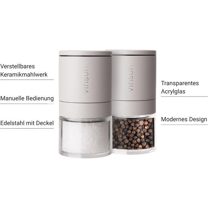 Набір з 2 мельниць для солі та перцю Vinsun - керамічний жорно, ручне регулювання, нержавіюча сталь, бежевий