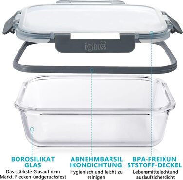 Набір контейнерів для їжі Igluu Meal Prep (12 шт.) – 1050 мл, Borosilikatglas, BPA-free, мікрохвильовка, духовка, морозильник, посудомийна машина, витікання