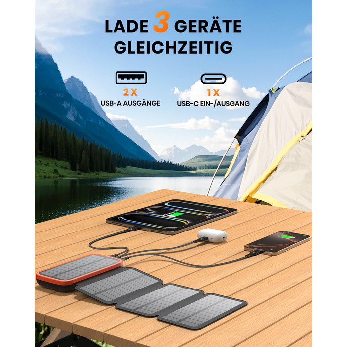 FEELLE Power Bank 27000mAh з сонячною панеллю, USB C PD QC 3.0, 3 USB виходи, ліхтарик, для смартфонів та планшетів