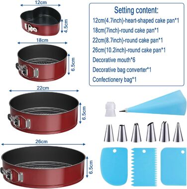Форма для випічки Tonsooze Springform: 12/18/22/26 см, з антипригарним покриттям, з насадками та силіконовою формою для мафінів, червона
