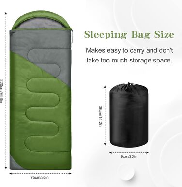Yarmiene 3-4 Season Sleeping Bag - Outdoor Rectangular Sleeping Bag for Adults & Kids - Warm & Portable for Camping, Hiking (Green+Gray)