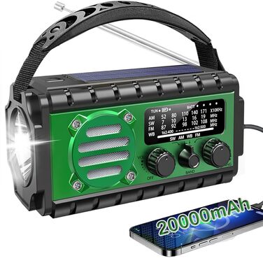 Радіо на сонячній батареї Solar Kurbelradio 20000mAh: FM/AM/SW, ліхтарик, зарядка USB, SOS-сигнал, для кемпінгу та надзвичайних ситуацій (зелене)