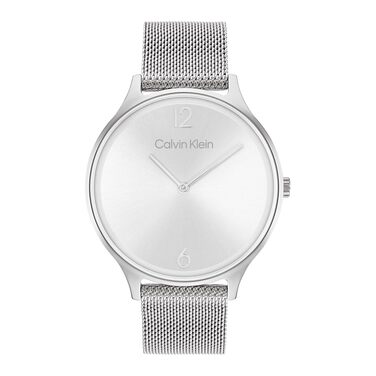 Жіночий аналоговий кварцовий годинник Calvin Klein Timeless Mesh 38мм, сріблястий, зі сталевим плетеним або шкіряним ремінцем