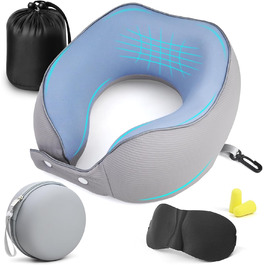 Подушка для шиї у літак, доросла, регульована, з піною з пам'яті, ергономічний дизайн, з чохлом, маскою для очей та навушниками