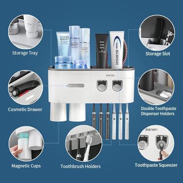 Automatic Toothpaste Dispenser, DENSAIL Toothbrush Holder Wall Mount with Dustproof Cover and 2 Toothpaste Dispensers, 2 Electric Toothbrush Holders, and 4 Toothbrush Organizer Slots (2 Dispensers + 2 Cups)