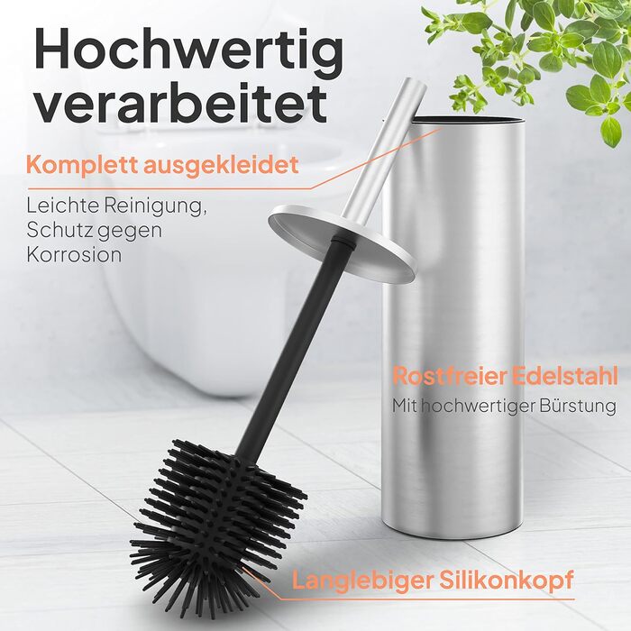 Тойлетний щітка TORBING Design з нержавіючої сталі з закритим тримачем - щітка для унітазу з силікону з ефектом лотоса - сучасний дизайн, елегантні кольори, подовжений ручка (Brushed Steel Silver)