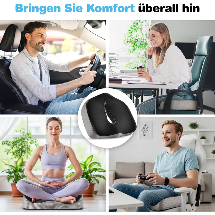 Подушка для сидіння POOTACK - для офісного крісла та авто, комфорт, піна з пам'яті, дизайн з отворами та U-подібною формою, чорний