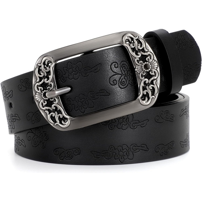 Жіночий шкіряний ремінь Suosdey класичний чорний з квітковою пряжкою для джинсів, суконь та одягу, 100 см, розмір талії 73-83 см