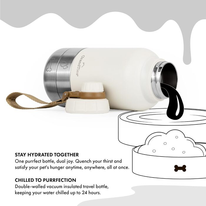 Ізольована портативна пляшка для води для собак GrandTies з двома знімними мисками, вилка-поїльник, водонепроникний контейнер для корму, аксесуари для собак для прогулянок, походів, кемпінгу (950 мл, пудрово-зелений) Ivory White Medium 32oz/950mL